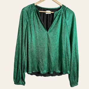 Saylor Emerald Green Metallic Long Sleeve Split V-Neck Blouse